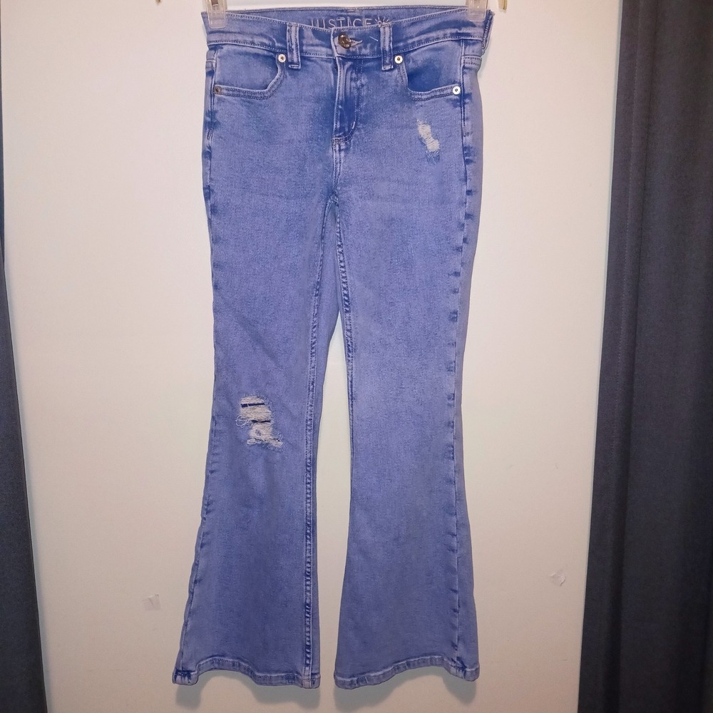 Justice Girls Light Wash Distressed Flare Jeans Blue Denim Size 10